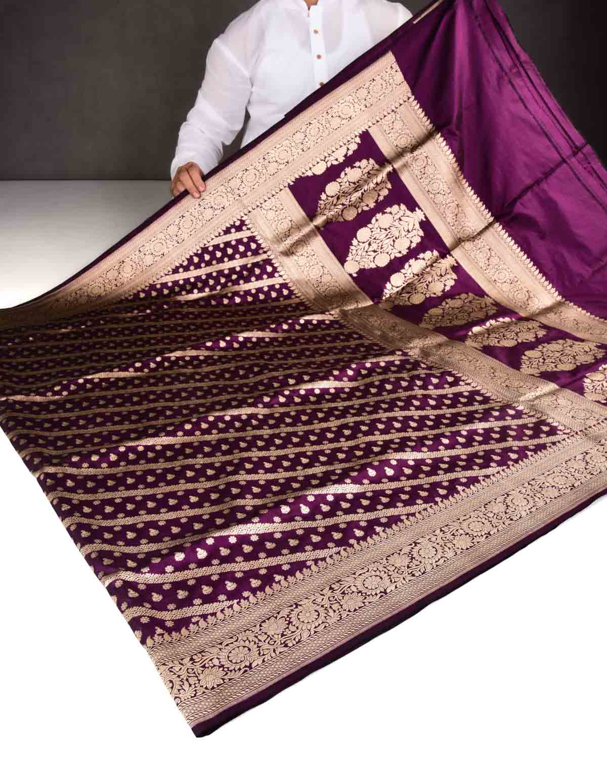 Purple Banarasi Diagonal Stripes Cutwork Brocade Handwoven Katan Silk Saree-HolyWeaves