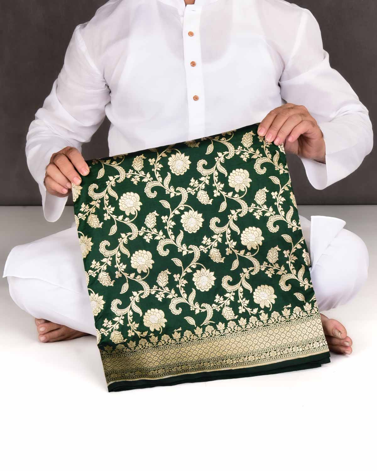 Sacramento Green Banarasi Gold & Silver Zari Alfi Floral Jaal Cutwork Brocade Handwoven Katan Silk Saree-HolyWeaves