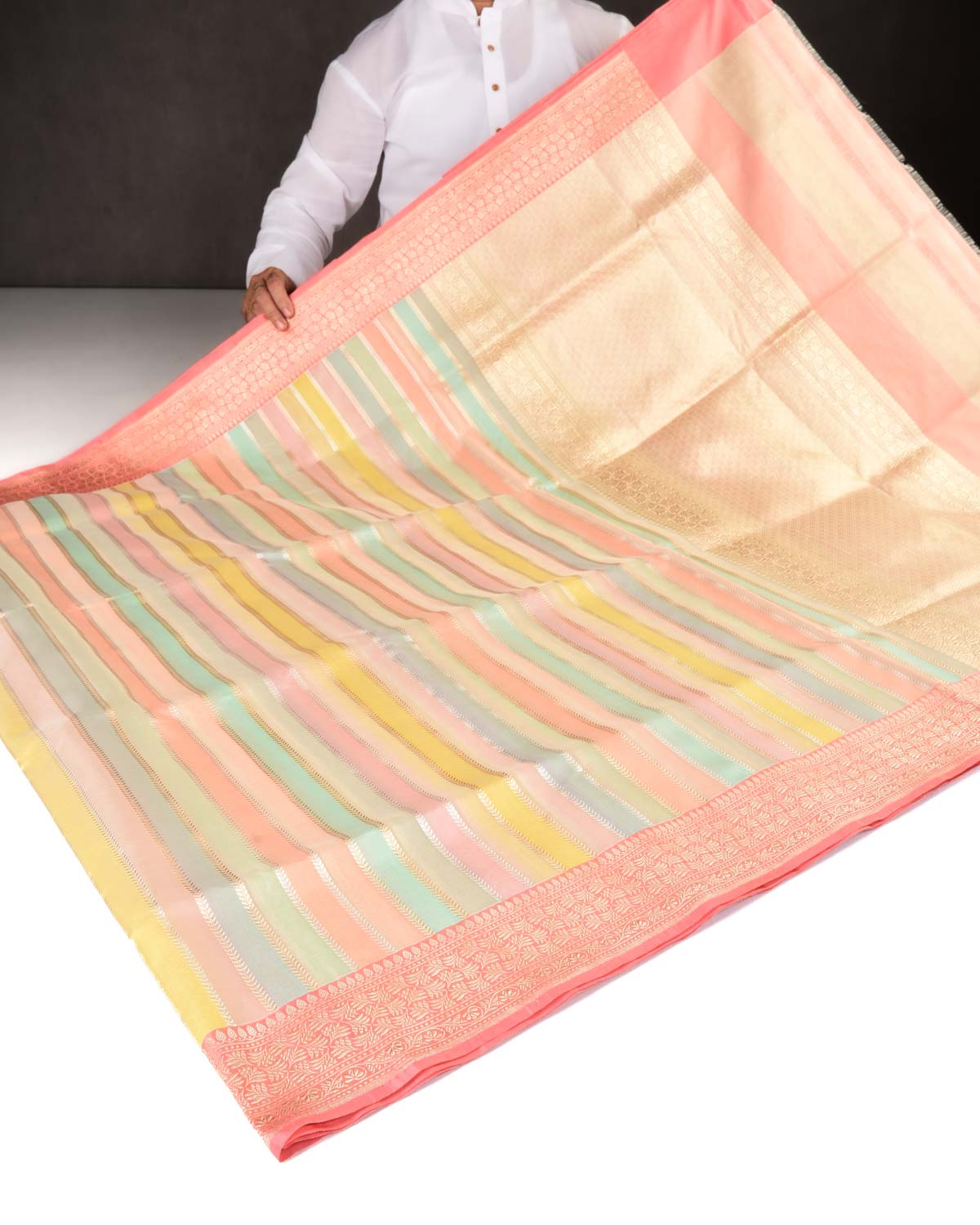 Multi-color Banarasi Candy Stripes Kadhuan Brocade Handwoven Kora Silk Saree-HolyWeaves