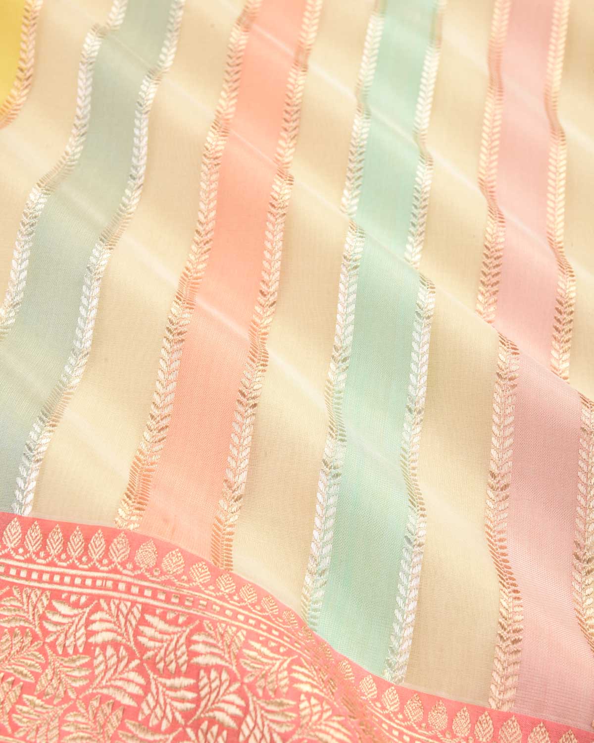 Multi-color Banarasi Candy Stripes Kadhuan Brocade Handwoven Kora Silk Saree-HolyWeaves