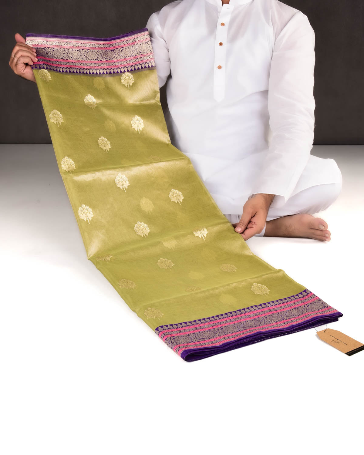 Metallic Artichoke Green Banarasi Gold Zari Buti Kadhuan Brocade Handwoven Kora Tissue Saree with Purple Silk Border Pallu-HolyWeaves