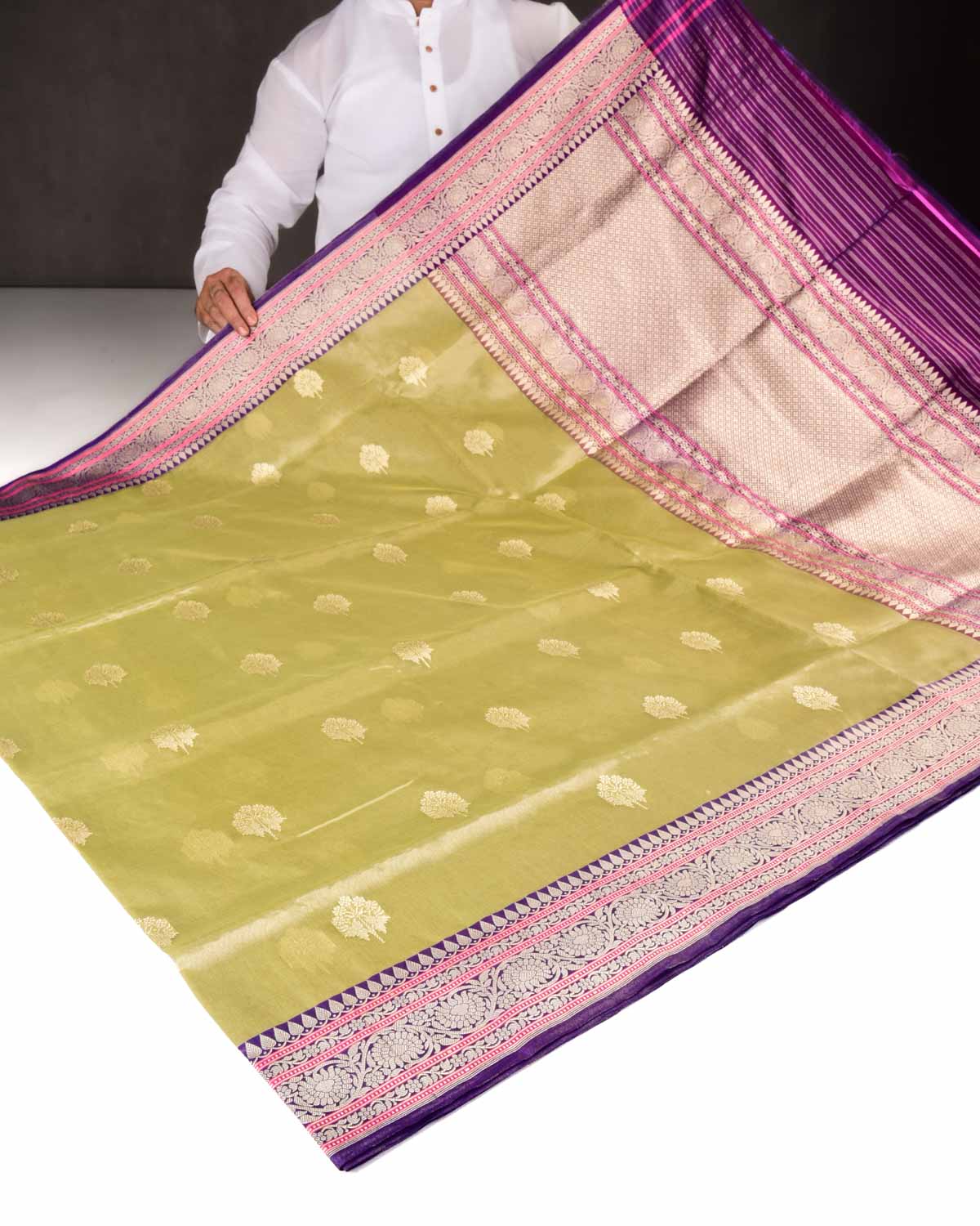 Metallic Artichoke Green Banarasi Gold Zari Buti Kadhuan Brocade Handwoven Kora Tissue Saree with Purple Silk Border Pallu-HolyWeaves