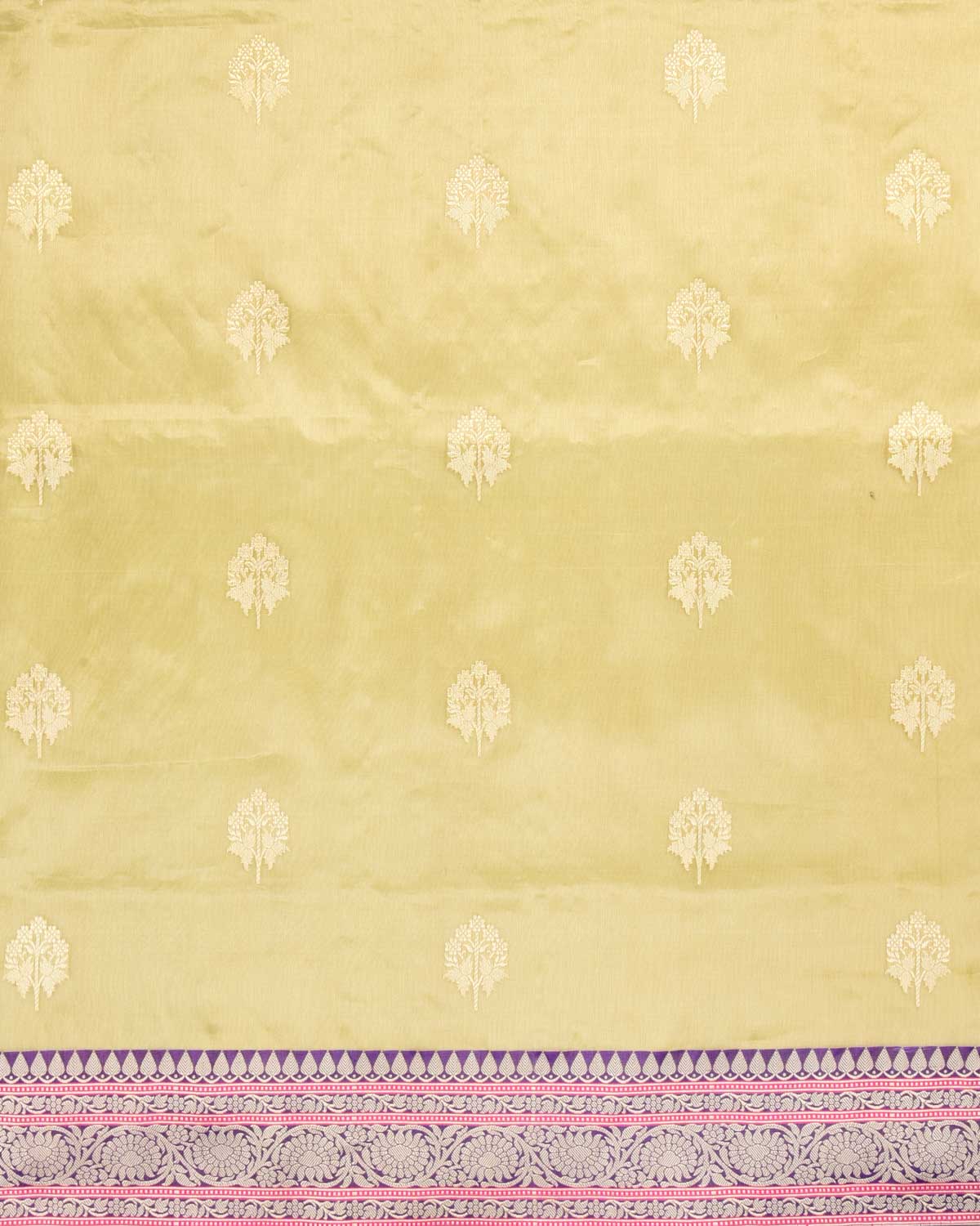 Metallic Artichoke Green Banarasi Gold Zari Buti Kadhuan Brocade Handwoven Kora Tissue Saree with Purple Silk Border Pallu-HolyWeaves