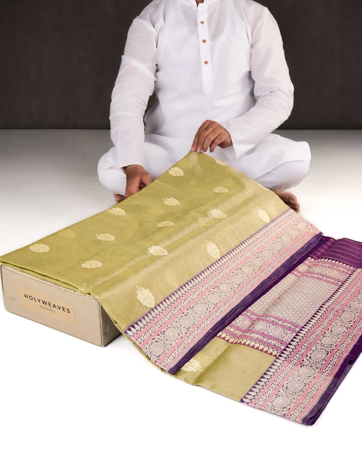 Metallic Artichoke Green Banarasi Gold Zari Buti Kadhuan Brocade Handwoven Kora Tissue Saree with Purple Silk Border Pallu-HolyWeaves