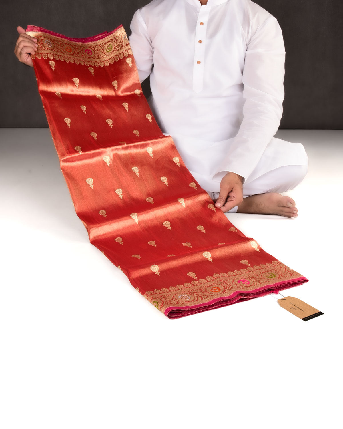 Metallic Red Banarasi Gold Zari Buti Kadhuan Brocade Handwoven Katan Tissue Saree with Meenekari Border-HolyWeaves