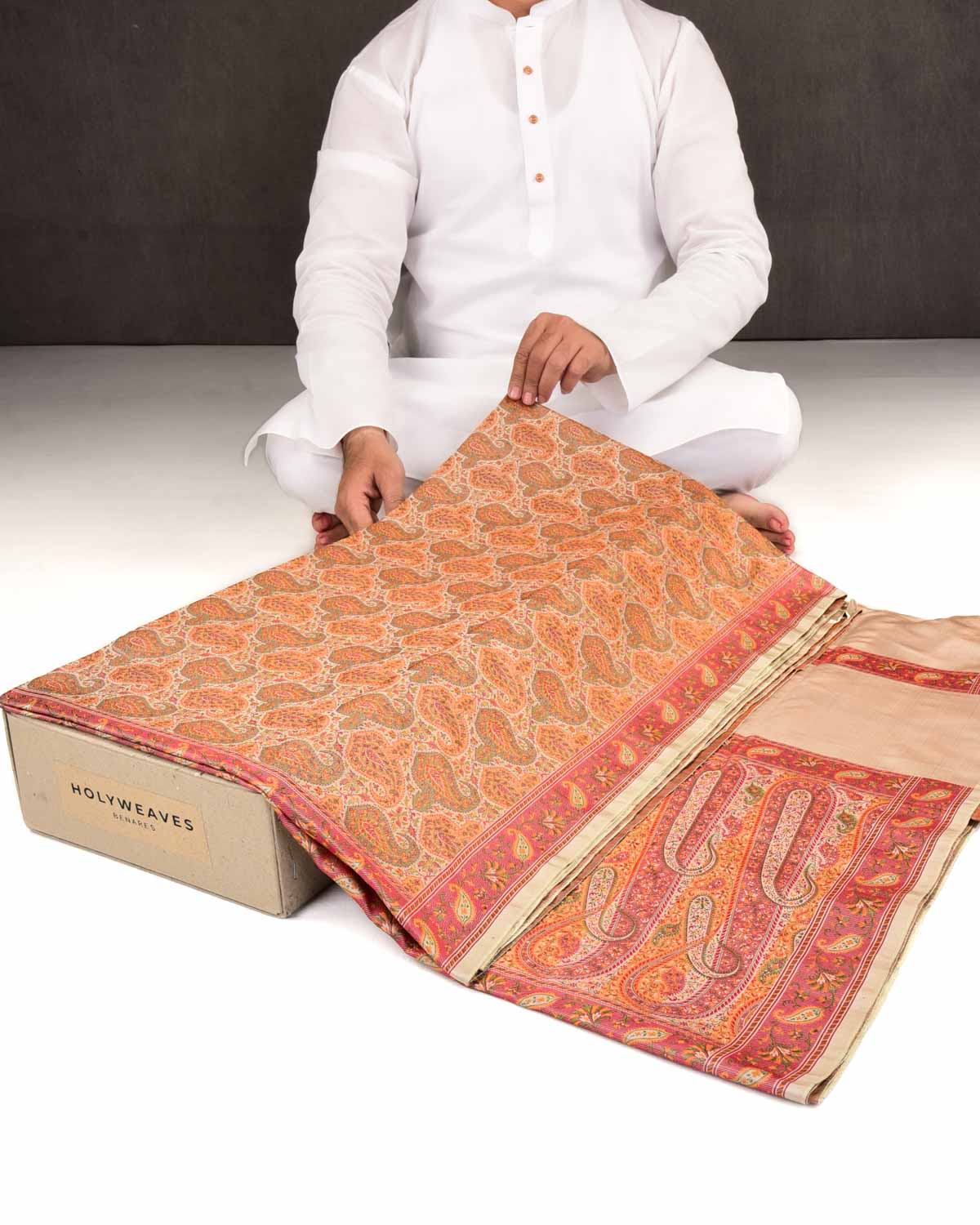 Beige Banarasi Paisley Tehri Jamawar Handwoven Katan Silk Saree-HolyWeaves