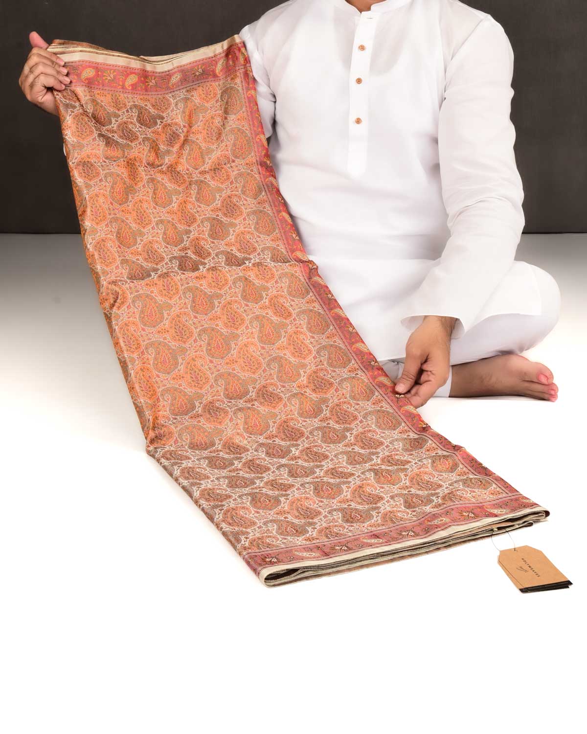 Beige Banarasi Paisley Tehri Jamawar Handwoven Katan Silk Saree-HolyWeaves