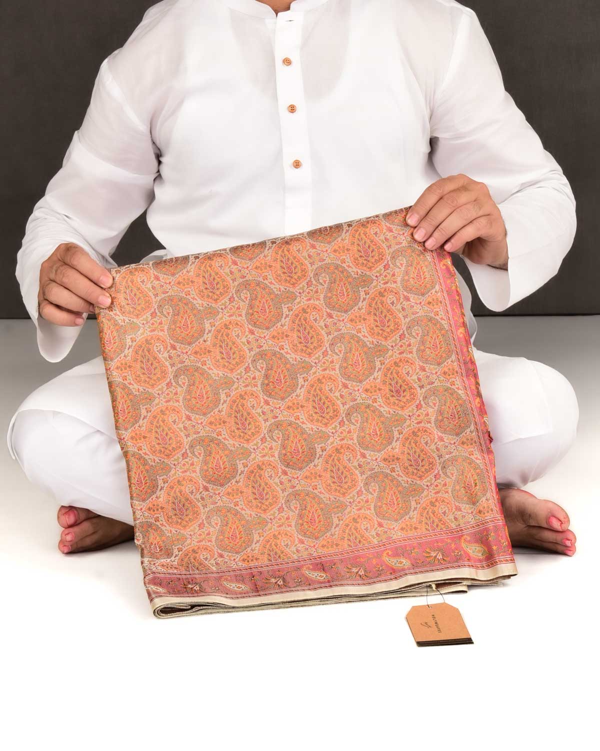 Beige Banarasi Paisley Tehri Jamawar Handwoven Katan Silk Saree-HolyWeaves