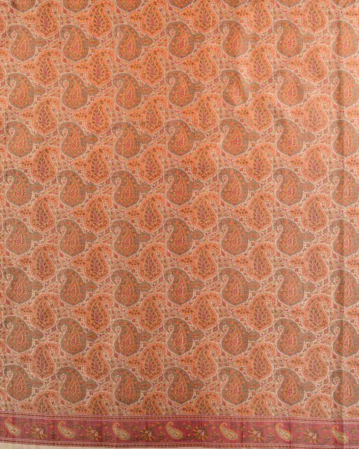 Beige Banarasi Paisley Tehri Jamawar Handwoven Katan Silk Saree-HolyWeaves