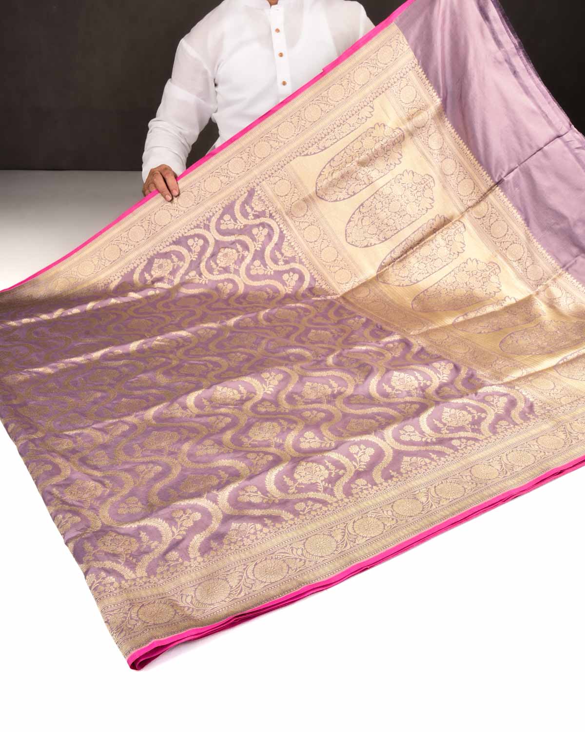 English Lavender Banarasi Hold Zari Jangla Cutwork Brocade Handwoven Katan Silk Saree-HolyWeaves