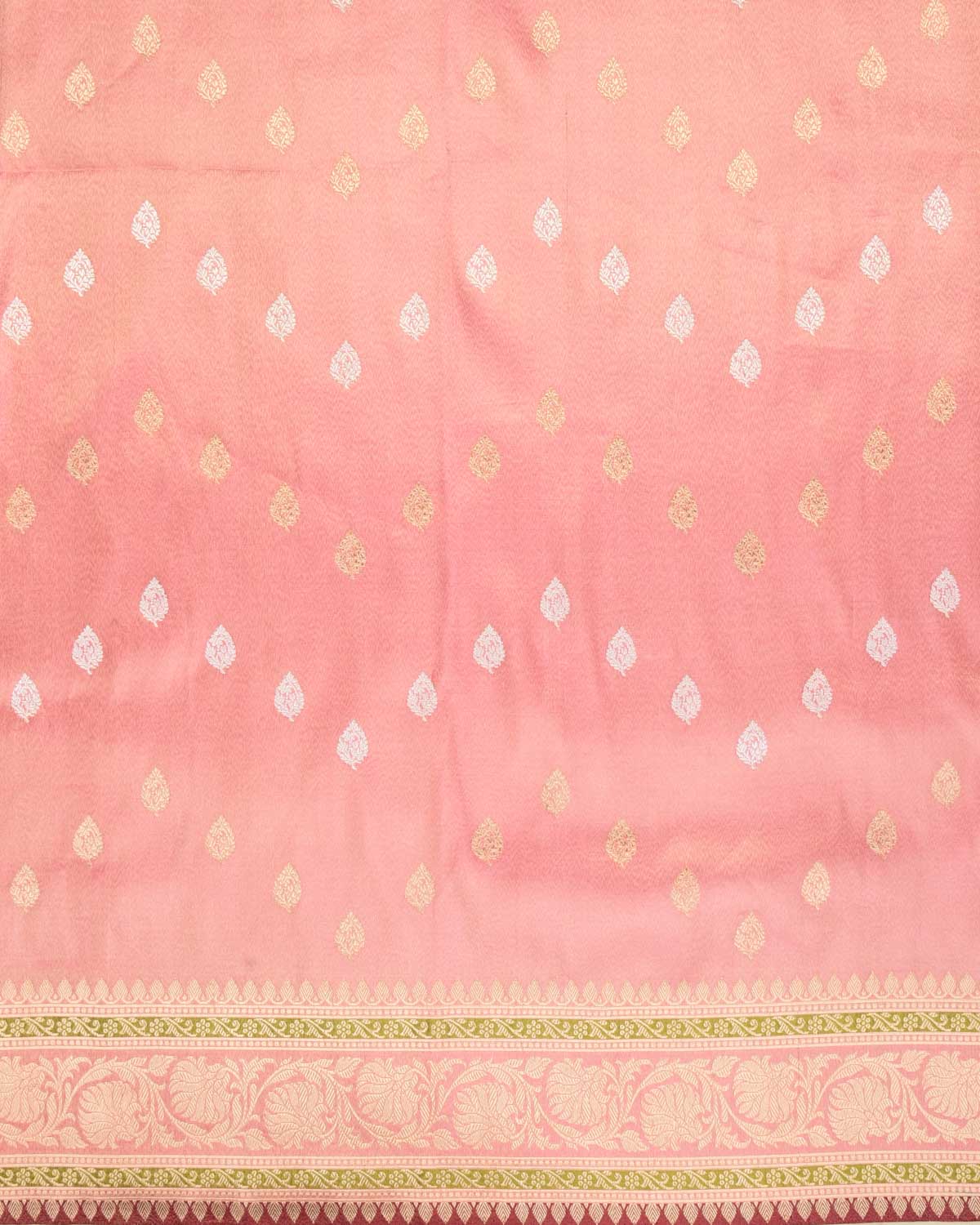Metallic Pink Banarasi Sona Rupa Buti Chevron Kadhuan Brocade Handwoven Katan Tissue Saree-HolyWeaves