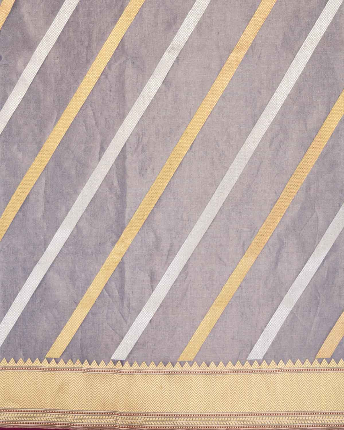 Metallic Blue Banarasi Gold & Silver Zari Diagonal Stripes Kadhuan Brocade Handwoven Kora Tissue Saree-HolyWeaves