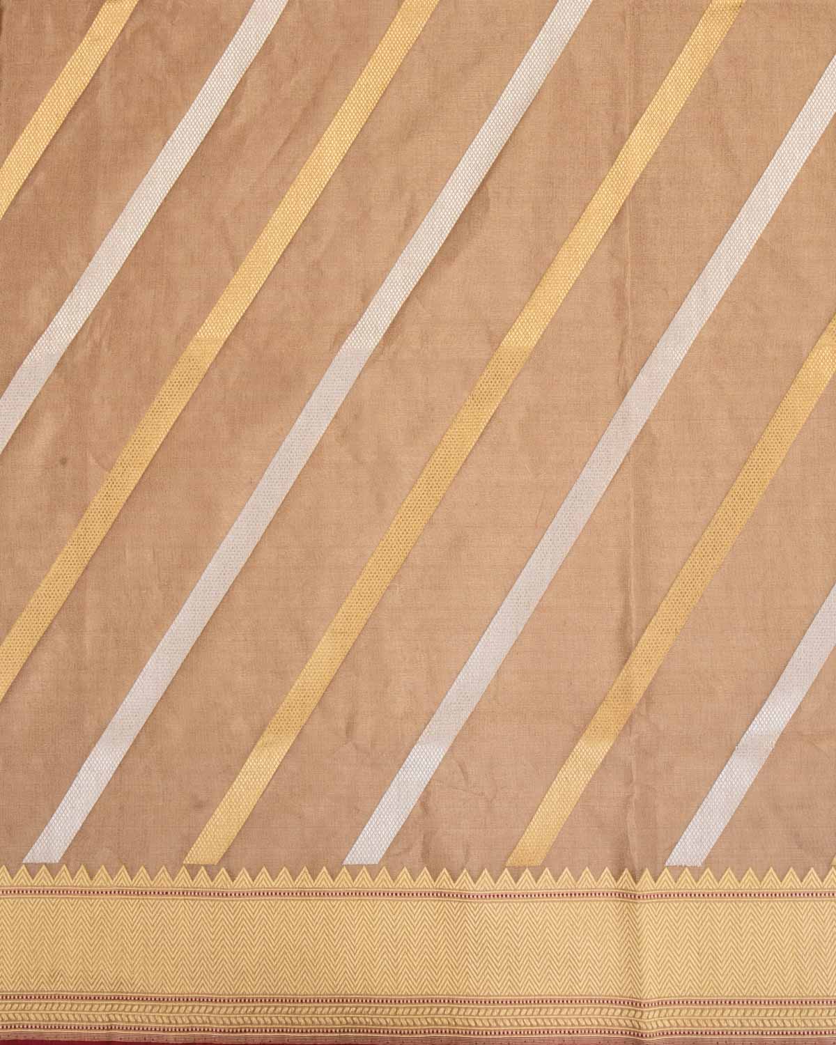 Metallic Beige Banarasi Gold & Silver Zari Diagonal Stripes Kadhuan Brocade Handwoven Kora Tissue Saree-HolyWeaves