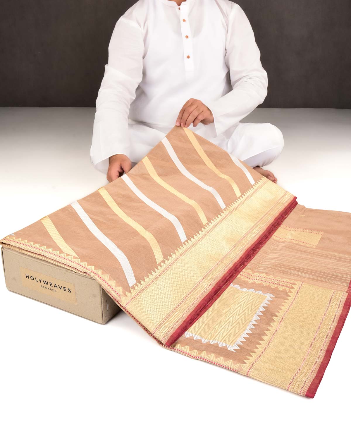 Metallic Beige Banarasi Gold & Silver Zari Diagonal Stripes Kadhuan Brocade Handwoven Kora Tissue Saree-HolyWeaves