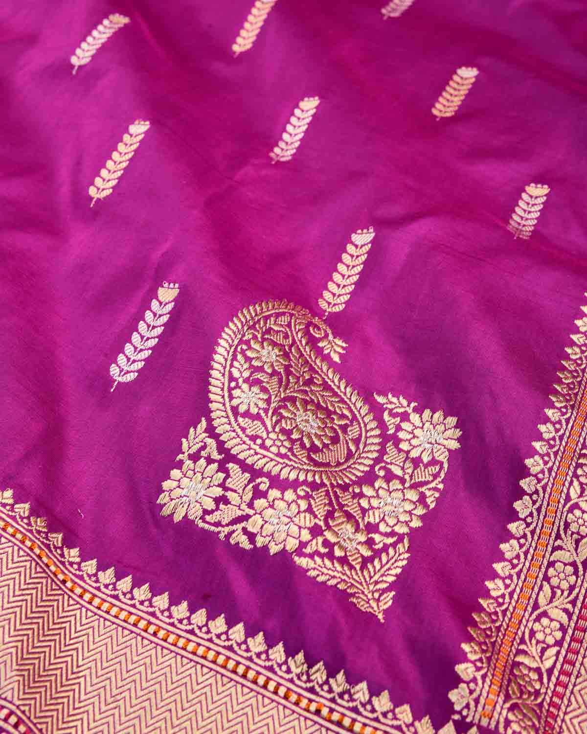 Magenta Banarasi Gold & Silver Zari Alfi Buti Kadhuan Brocade Handwoven Katan Silk Saree-HolyWeaves