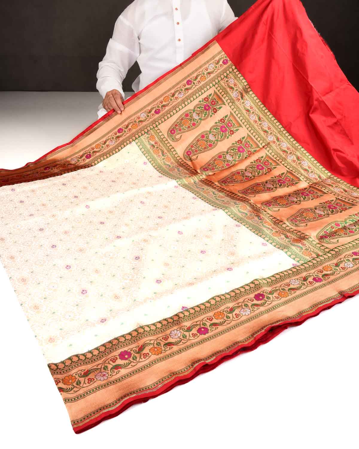 Cream Banarasi Gold Zari & Meenekari Cutwork Brocade Handwoven Katan Silk Saree with Contrast Red Paithani Border Pallu-HolyWeaves