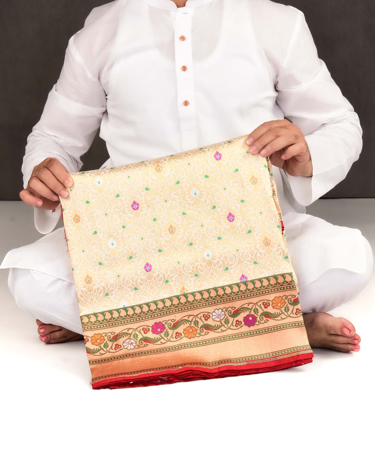 Cream Banarasi Gold Zari & Meenekari Cutwork Brocade Handwoven Katan Silk Saree with Contrast Red Paithani Border Pallu-HolyWeaves