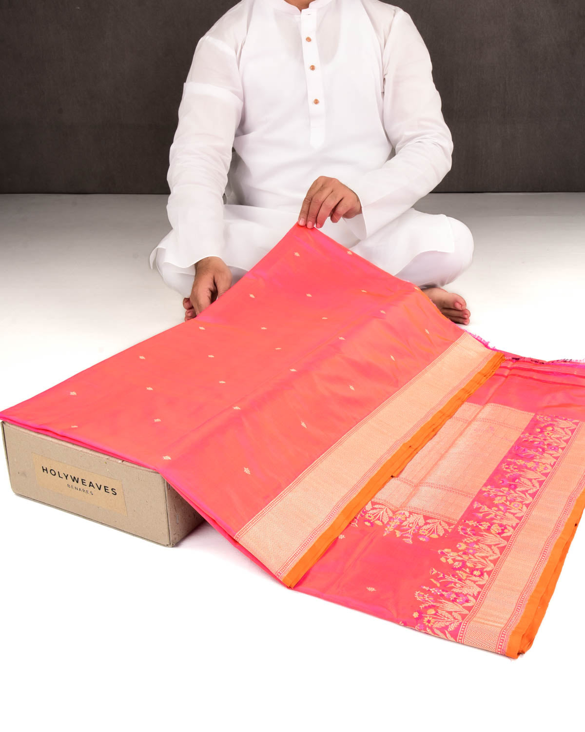 Shot Pink-Orange Banarasi Gold Zari Buti Kadhuan Brocade Handwoven Katan Silk Saree with Tehra Border-HolyWeaves