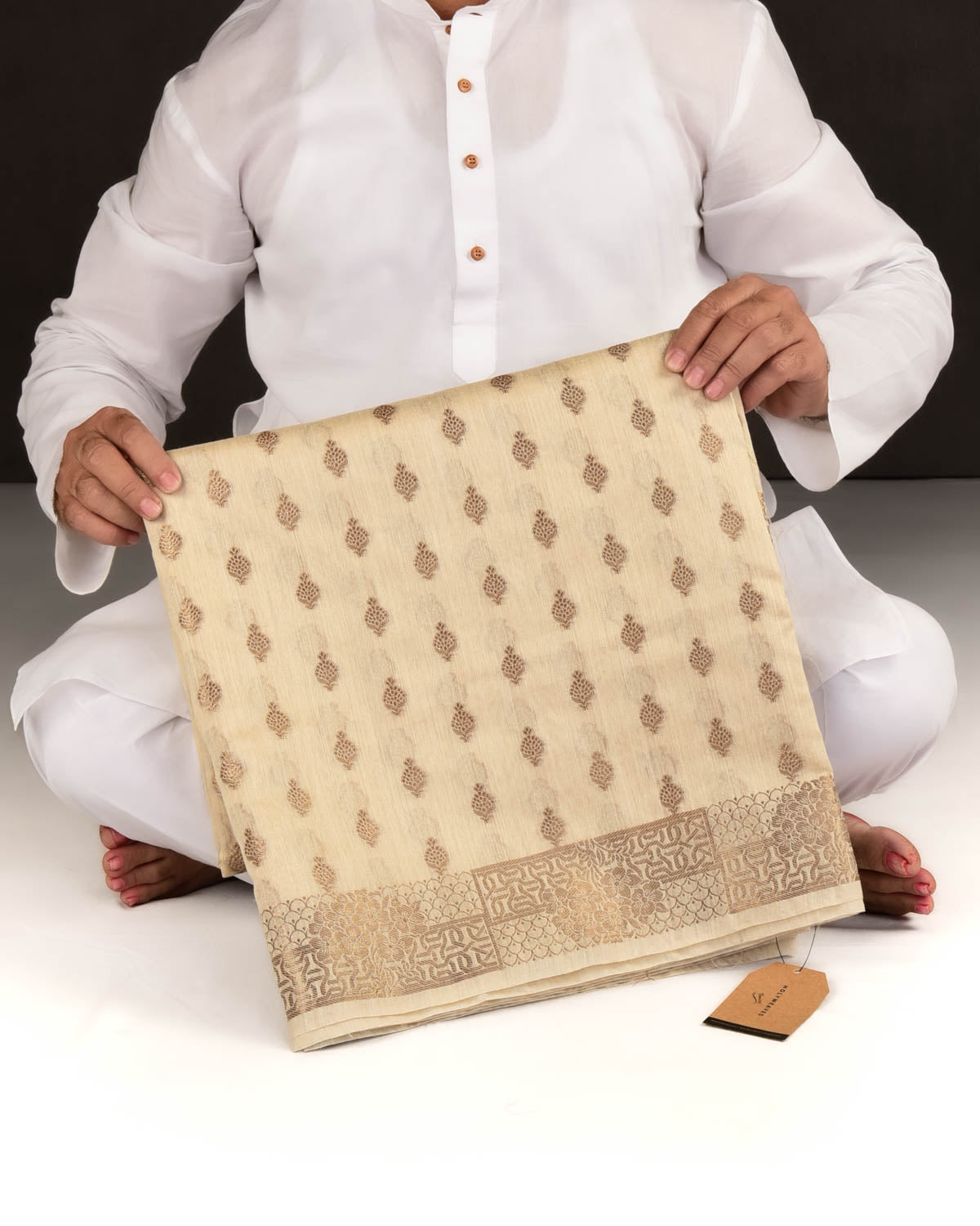 Cream Banarasi Antique Zari Buti Cutwork Brocade Woven Muga Silk Saree-HolyWeaves