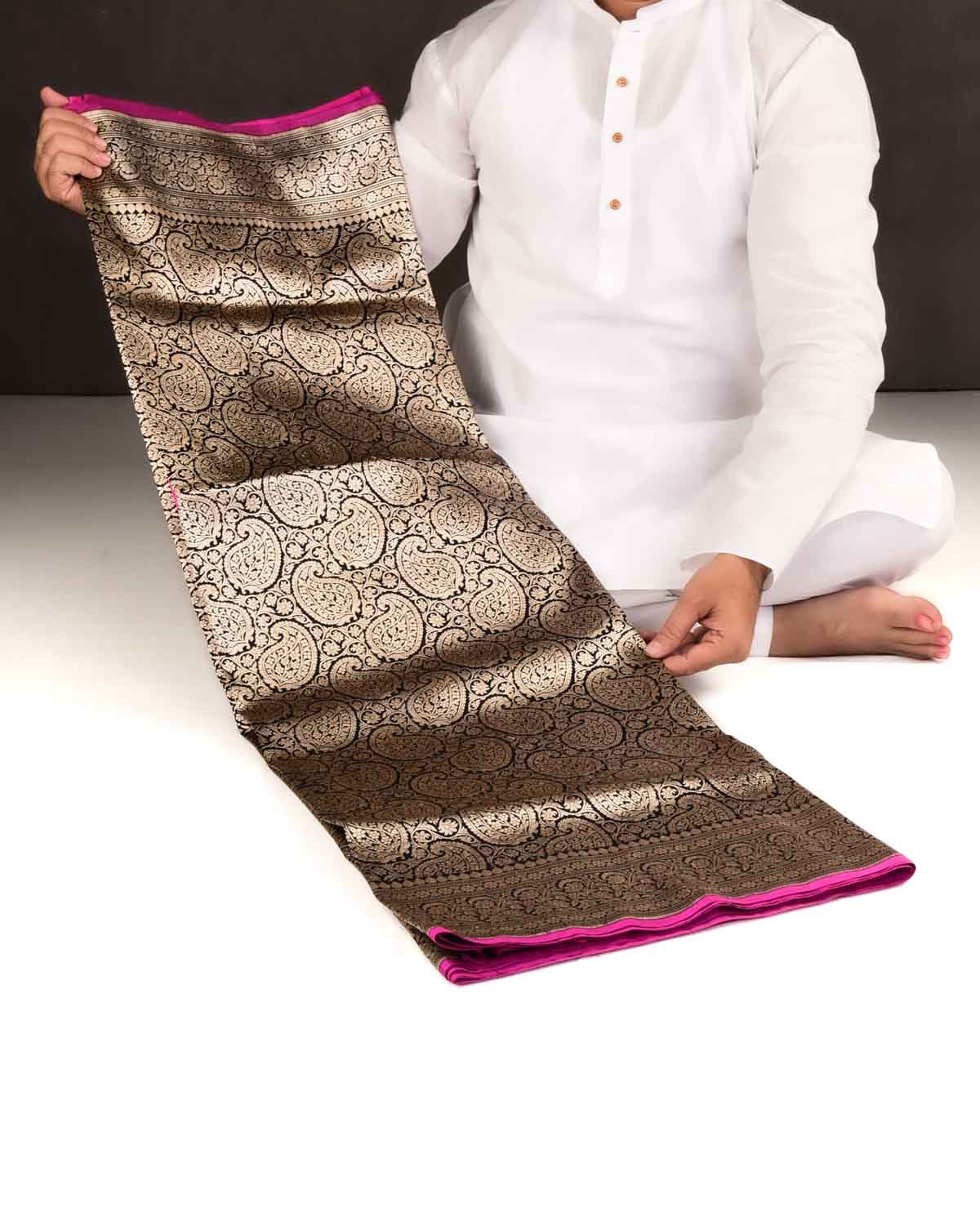 Black Banarasi Gold Zari Paisley Jaal Brocade Handwoven Katan Silk Saree-HolyWeaves