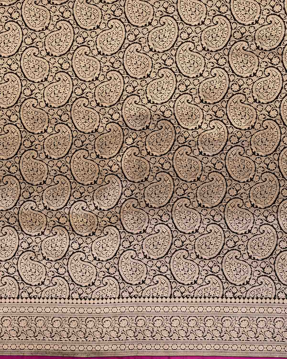 Black Banarasi Gold Zari Paisley Jaal Brocade Handwoven Katan Silk Saree-HolyWeaves