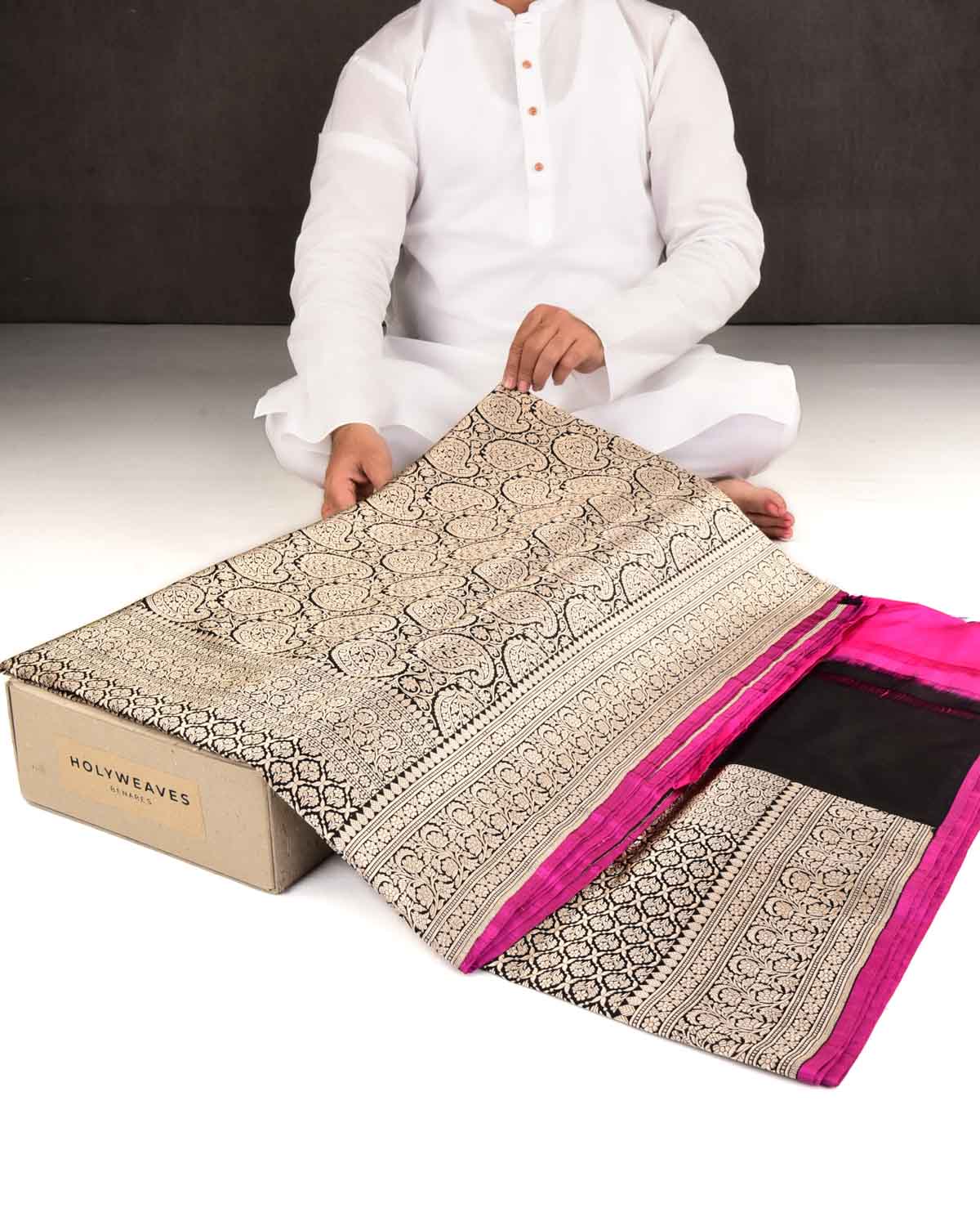 Black Banarasi Gold Zari Paisley Jaal Brocade Handwoven Katan Silk Saree-HolyWeaves