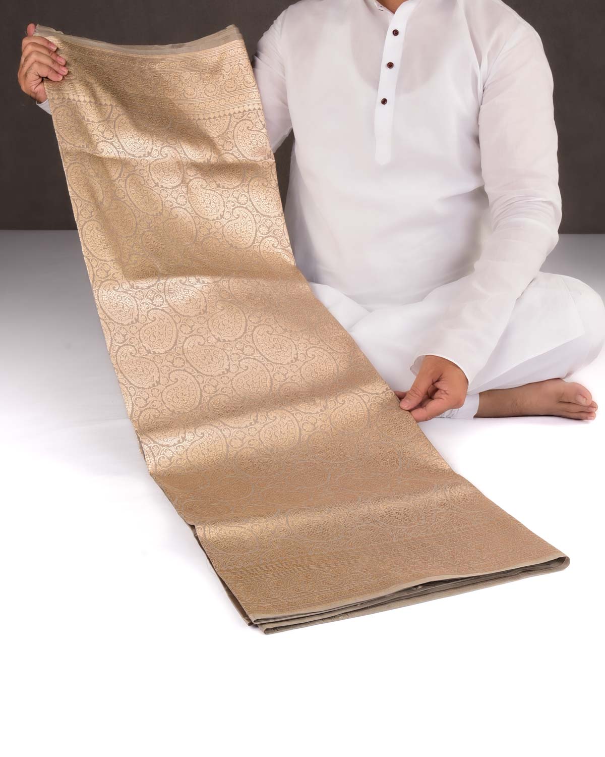 Beige Banarasi Gold Zari Paisley Jaal Brocade Handwoven Katan Silk Saree-HolyWeaves