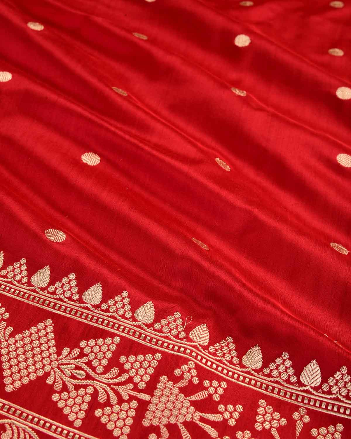 Red Banarasi Gold Zari Polka Buti Kadhuan Brocade Handwoven Katan Silk Saree-HolyWeaves