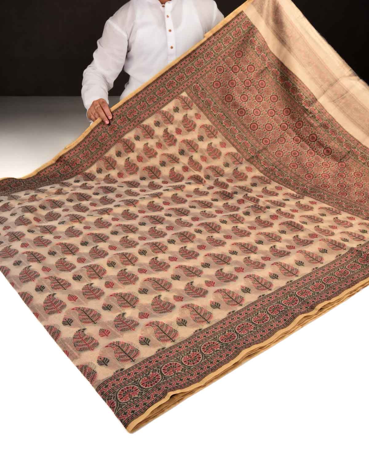 Metallic Beige Banarasi Red & Black Paisley Leaf Buta Cutwork Brocade Woven Cotton Tissue Saree-HolyWeaves