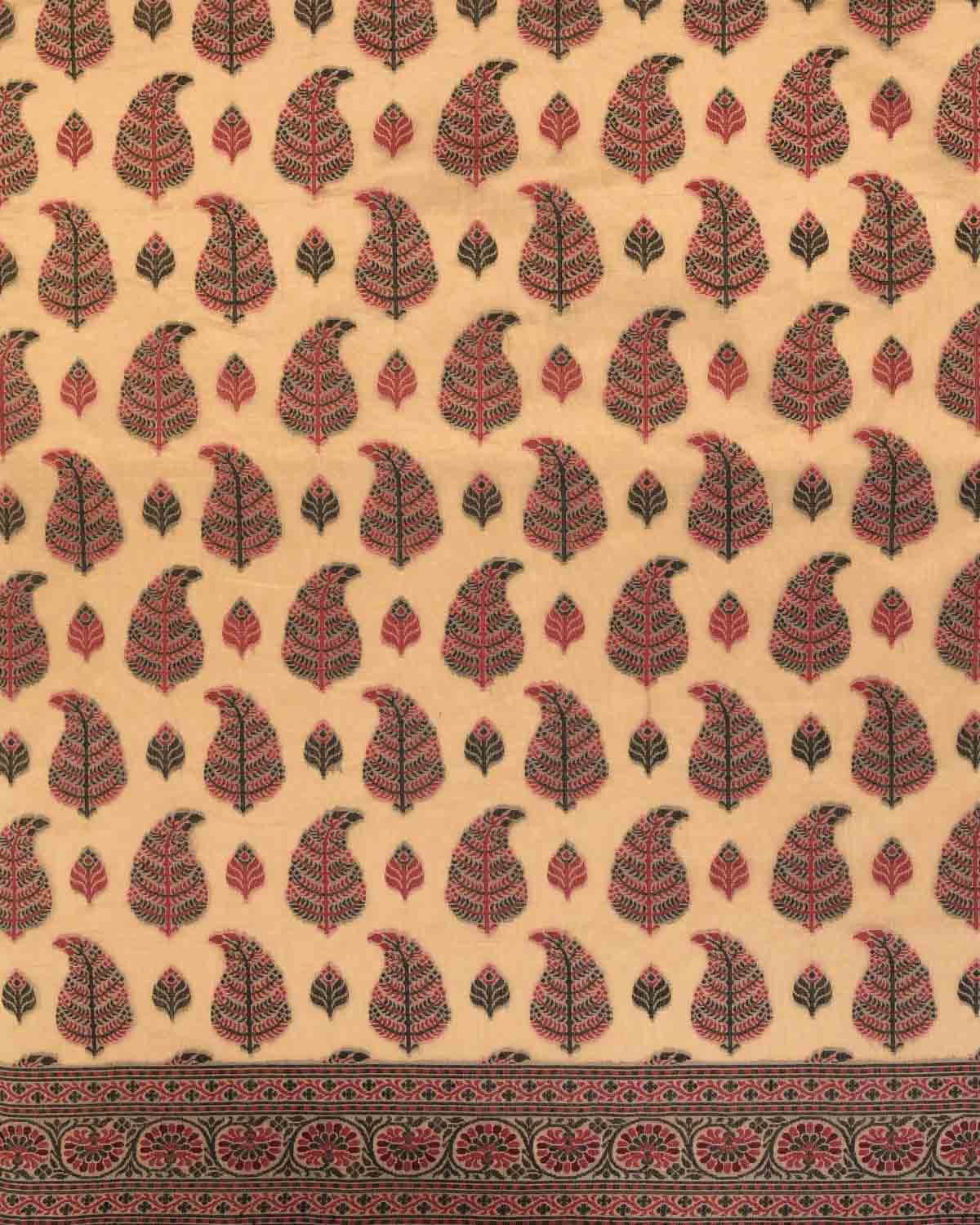 Metallic Beige Banarasi Red & Black Paisley Leaf Buta Cutwork Brocade Woven Cotton Tissue Saree-HolyWeaves