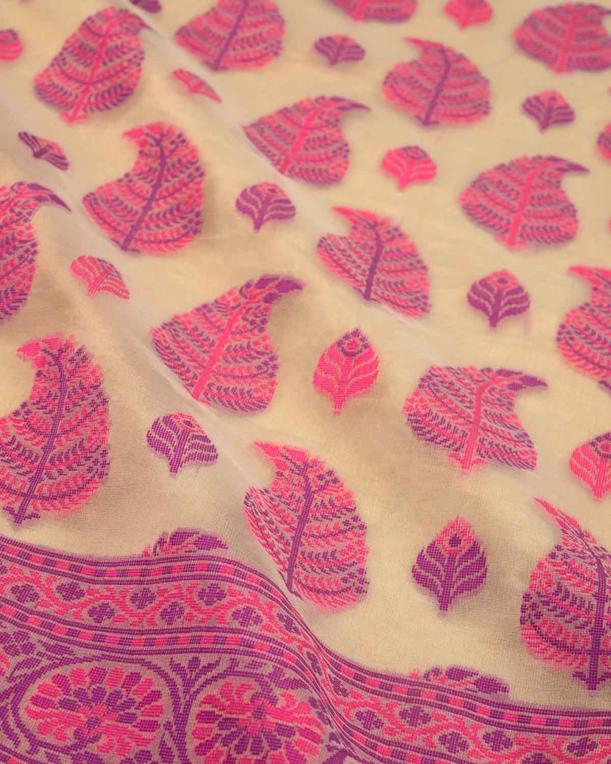 Pink On Metallic Gold Banarasi Paisley Leaf Buta Cutwork Brocade Woven Art Cotton Tissue Saree-HolyWeaves