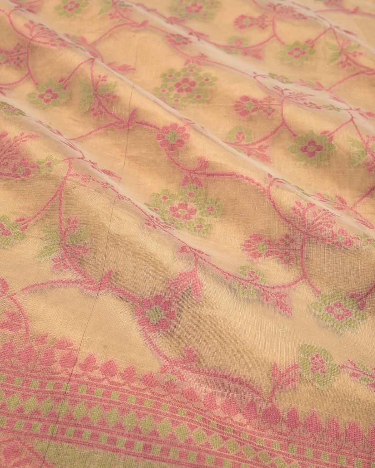 Metallic Pink-Green Banarasi Floral Jaal Cutwork Brocade Woven Cotton Tissue Saree-HolyWeaves