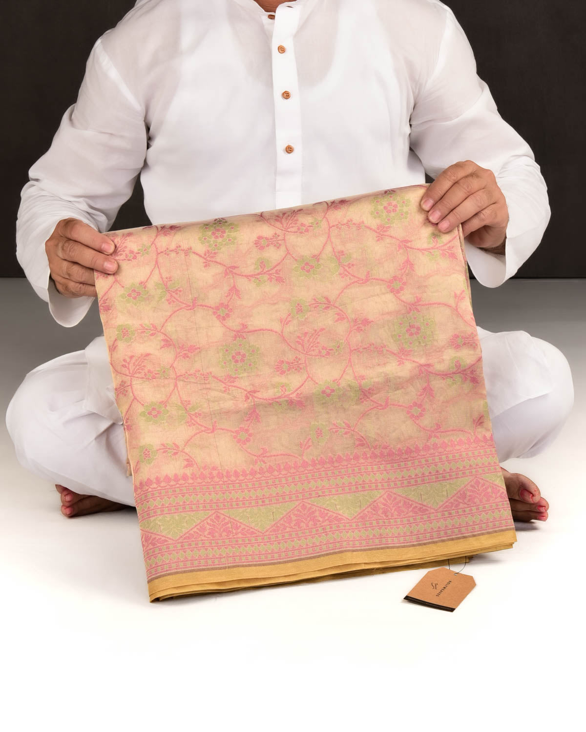 Metallic Pink-Green Banarasi Floral Jaal Cutwork Brocade Woven Cotton Tissue Saree-HolyWeaves