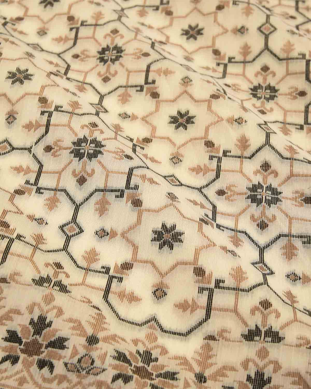 Beige Banarasi Resham Jamdani Mosaic Cutwork Brocade Woven Art Cotton Silk Saree-HolyWeaves