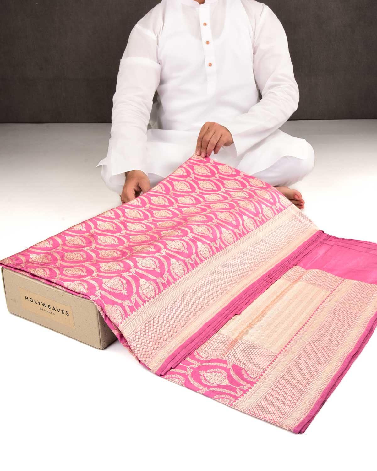 Pink Banarasi Gold Zari Classic Jaal Cutwork Brocade Handwoven Katan Silk Saree-HolyWeaves