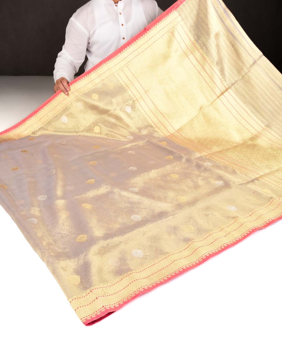 Metallic Green Banarasi Gold & Silver Zari Buti Kadhuan Brocade Handwoven Kora Tissue Saree with Doria Border-HolyWeaves