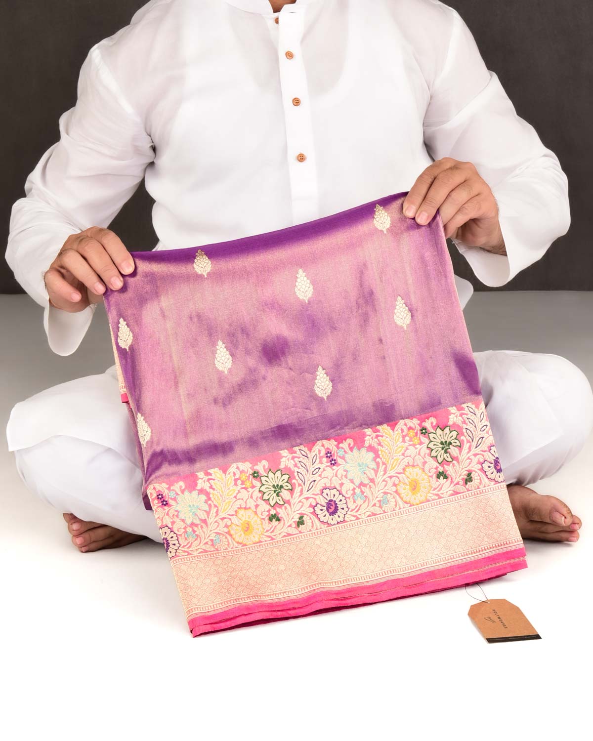 Metallic Mauve Banarasi Gold Zari Buti Kadhuan Brocade Handwoven Katan Tissue Saree with Meenekari Border-HolyWeaves