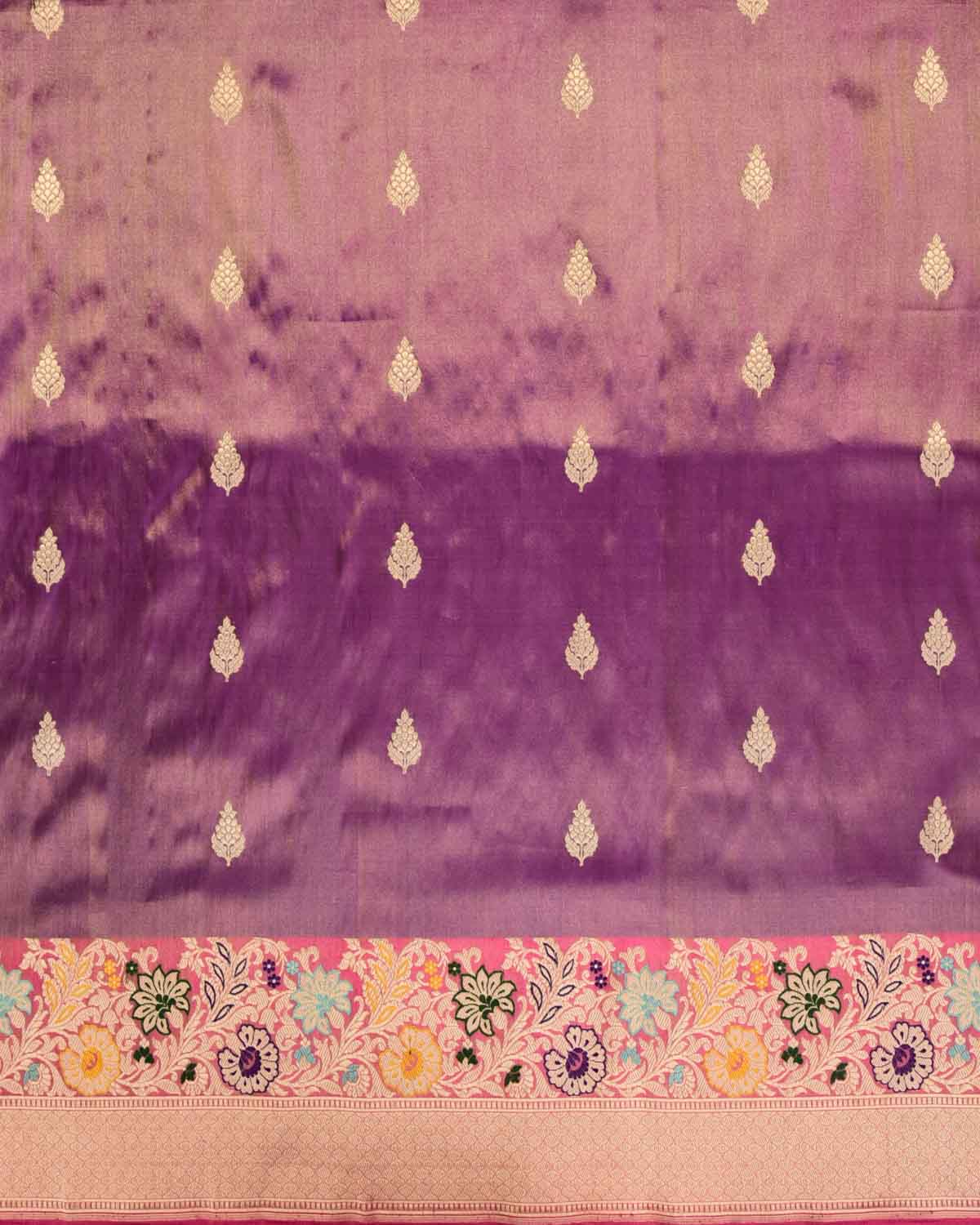 Metallic Mauve Banarasi Gold Zari Buti Kadhuan Brocade Handwoven Katan Tissue Saree with Meenekari Border-HolyWeaves