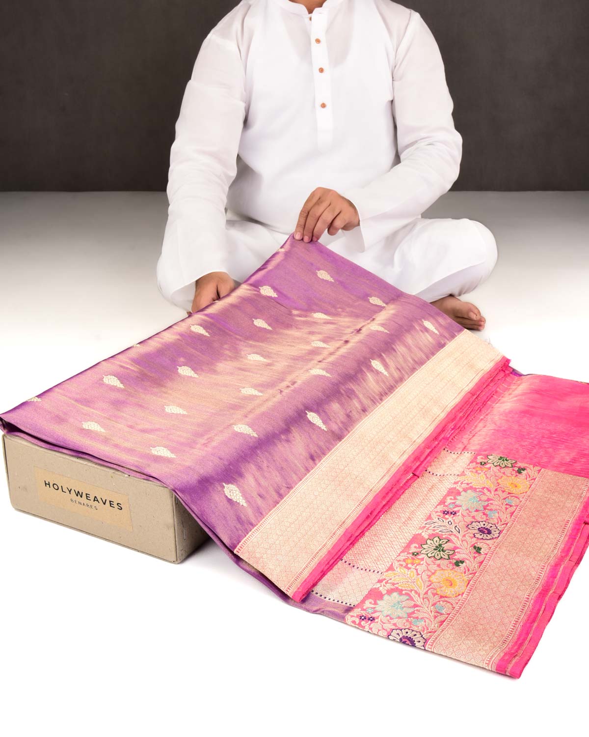 Metallic Mauve Banarasi Gold Zari Buti Kadhuan Brocade Handwoven Katan Tissue Saree with Meenekari Border-HolyWeaves