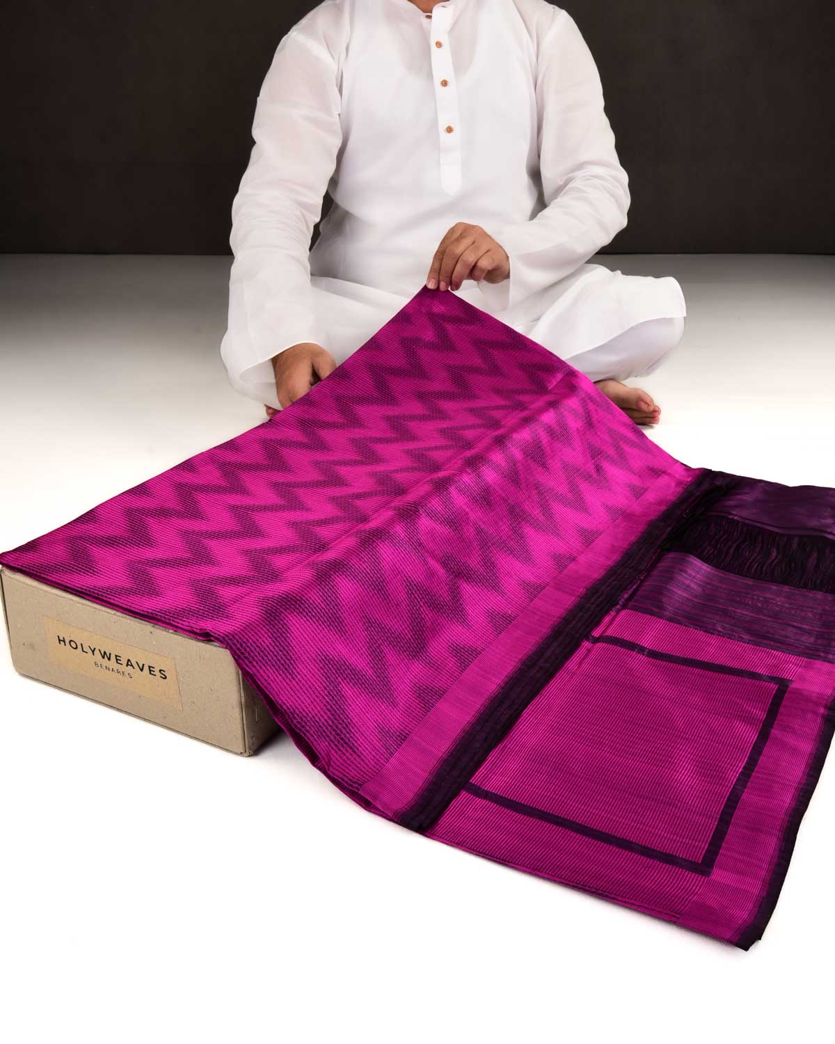 Pink On Purple Banarasi Herring Bone Chevron Resham Tanchoi Brocade Handwoven Katan Silk Saree-HolyWeaves