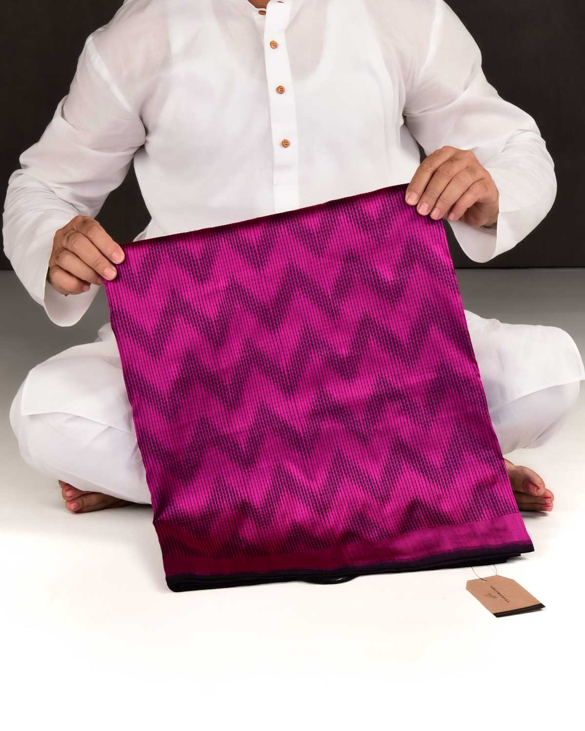 Pink On Purple Banarasi Herring Bone Chevron Resham Tanchoi Brocade Handwoven Katan Silk Saree-HolyWeaves