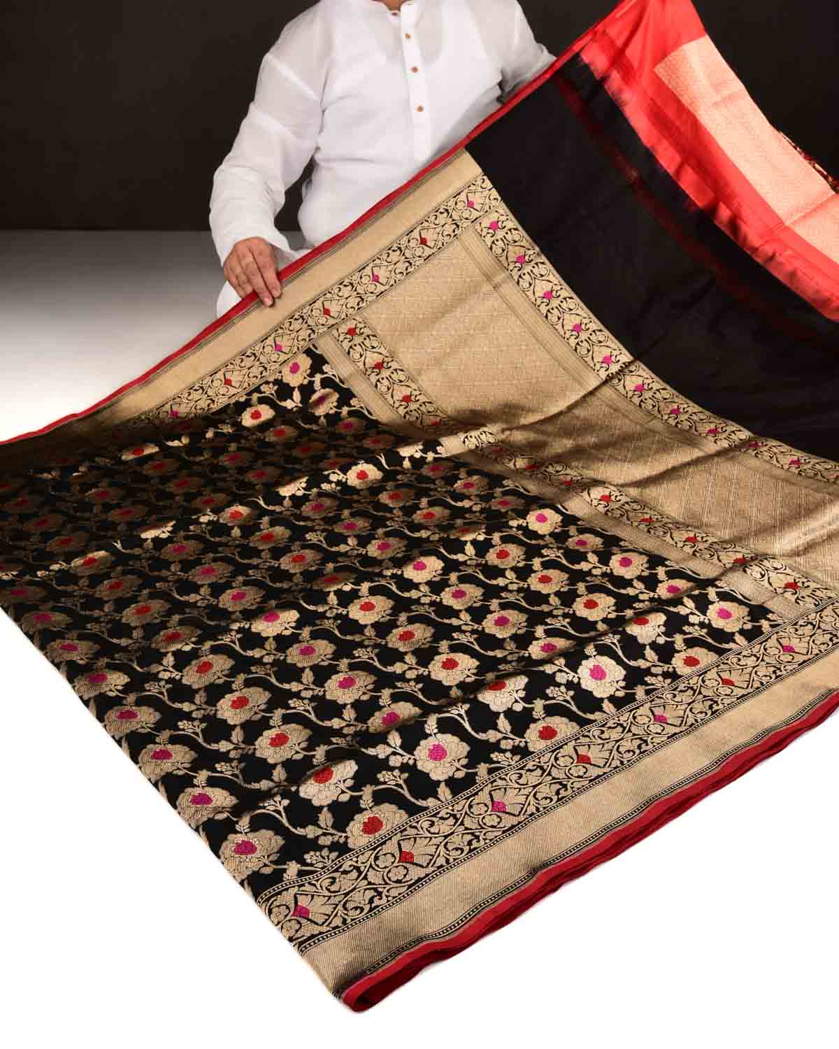 Black Banarasi Gold Zari & Resham Gulab Jaal Cutwork Brocade Handwoven Katan Silk Saree with Contrast Blouse-HolyWeaves