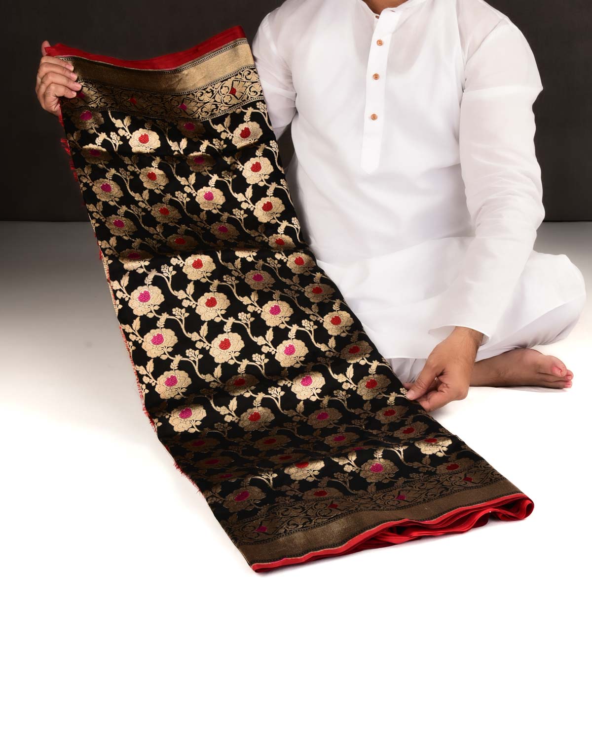 Black Banarasi Gold Zari & Resham Gulab Jaal Cutwork Brocade Handwoven Katan Silk Saree with Contrast Blouse-HolyWeaves