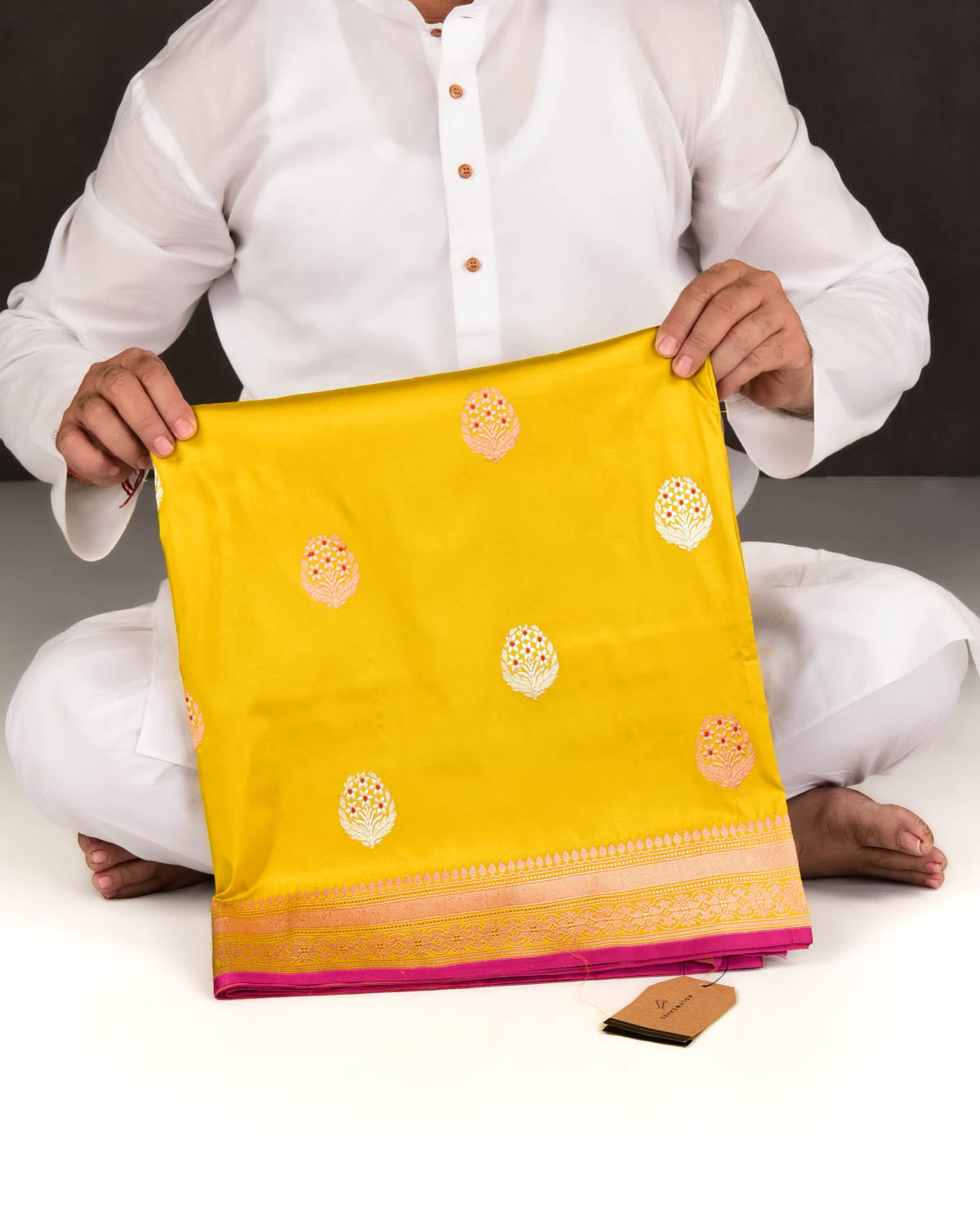 Lemon Yellow Banarasi Gold & Silver Zari Alfi Buta Kadhuan Brocade Handwoven Katan Silk Saree-HolyWeaves