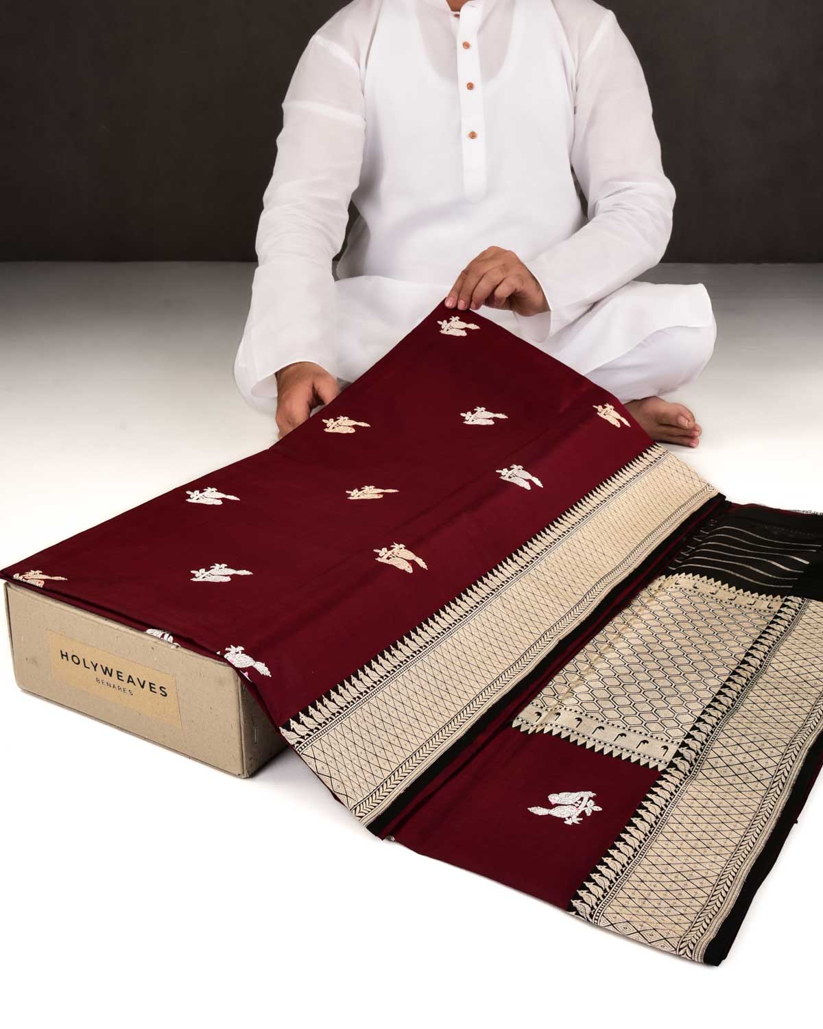Maroon Banarasi Gold & Silver Zari Love Birds Kadhuan Brocade Handwoven Katan Silk Saree-HolyWeaves