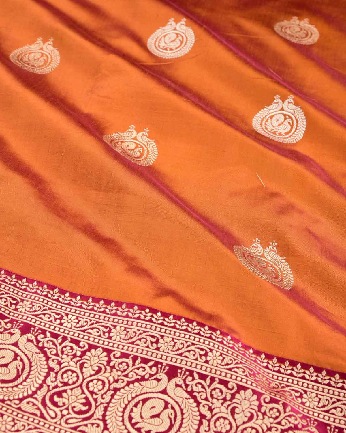 Shot Orange Banarasi Gold Zari Peacock Ring Kadhuan Brocade Handwoven Katan Silk Saree-HolyWeaves