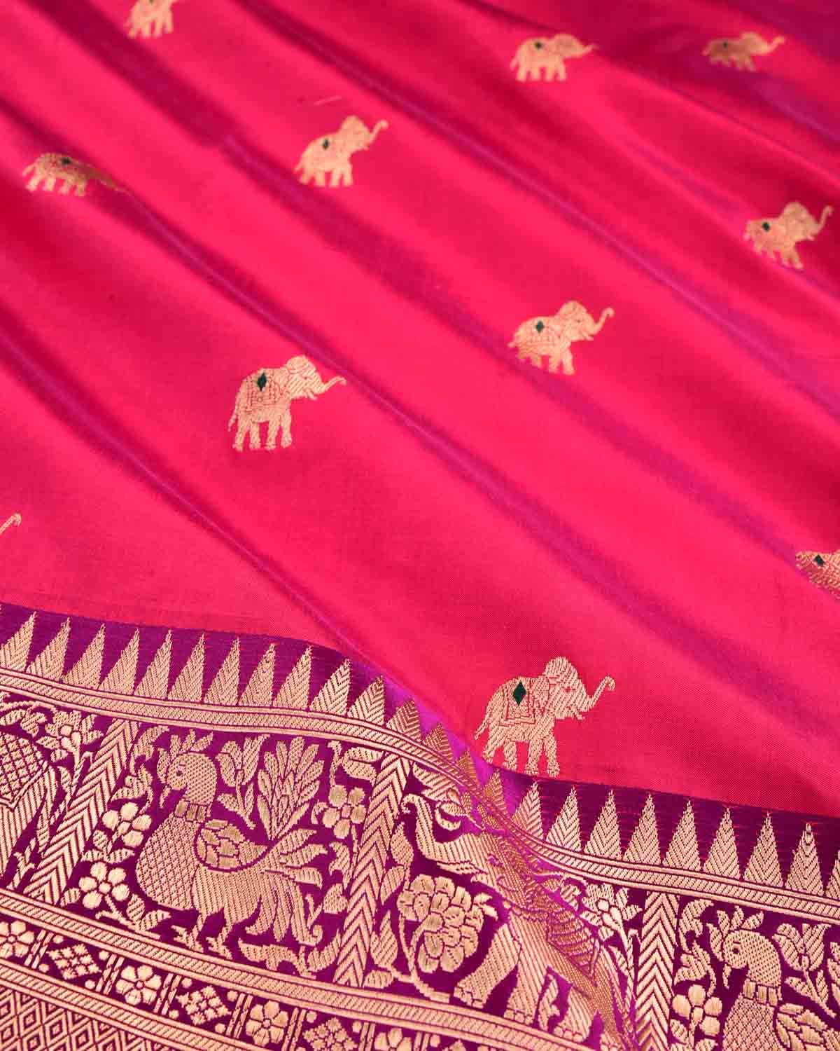 Shot Pink Banarasi Gold Zari Elephant Buti Kadhuan Brocade Handwoven Katan Silk Saree-HolyWeaves