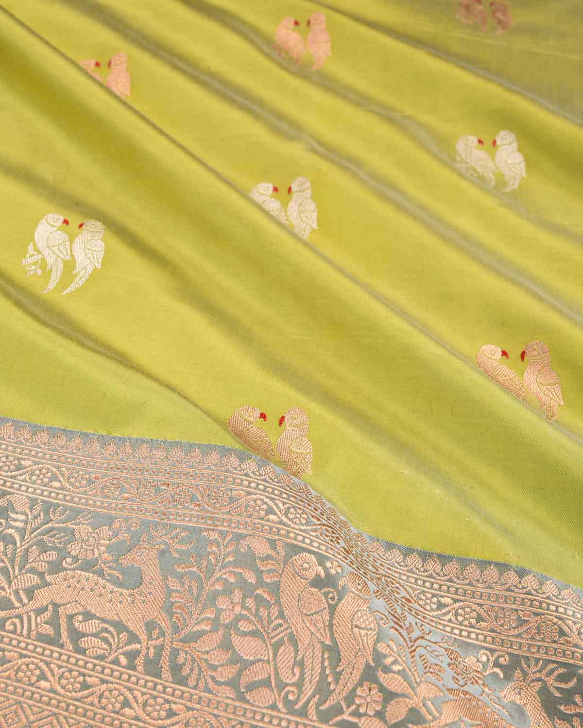 Green Banarasi Gold & Silver Zari Twin Parrot Buti Kadhuan Brocade Handwoven Katan Silk Saree-HolyWeaves