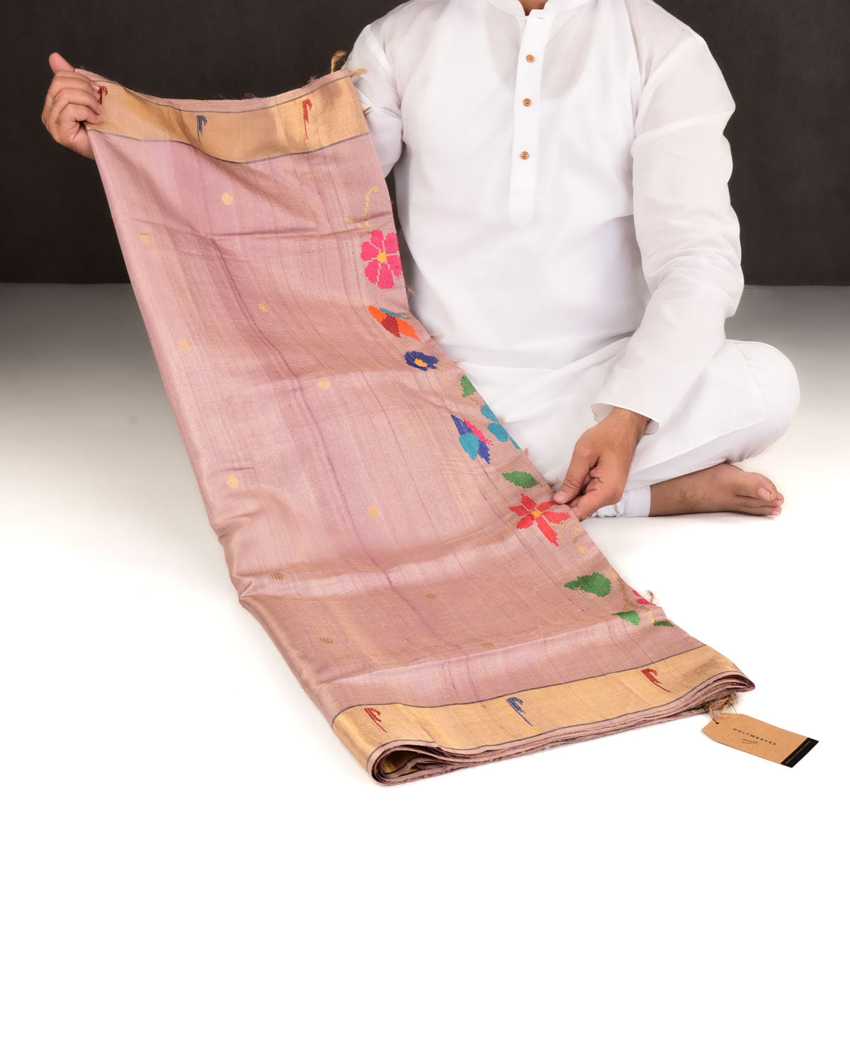 Mauve Banarasi Kadhuan Brocade Handwoven Tasar Tissue Saree with Multi-Color Floral Pallu-HolyWeaves