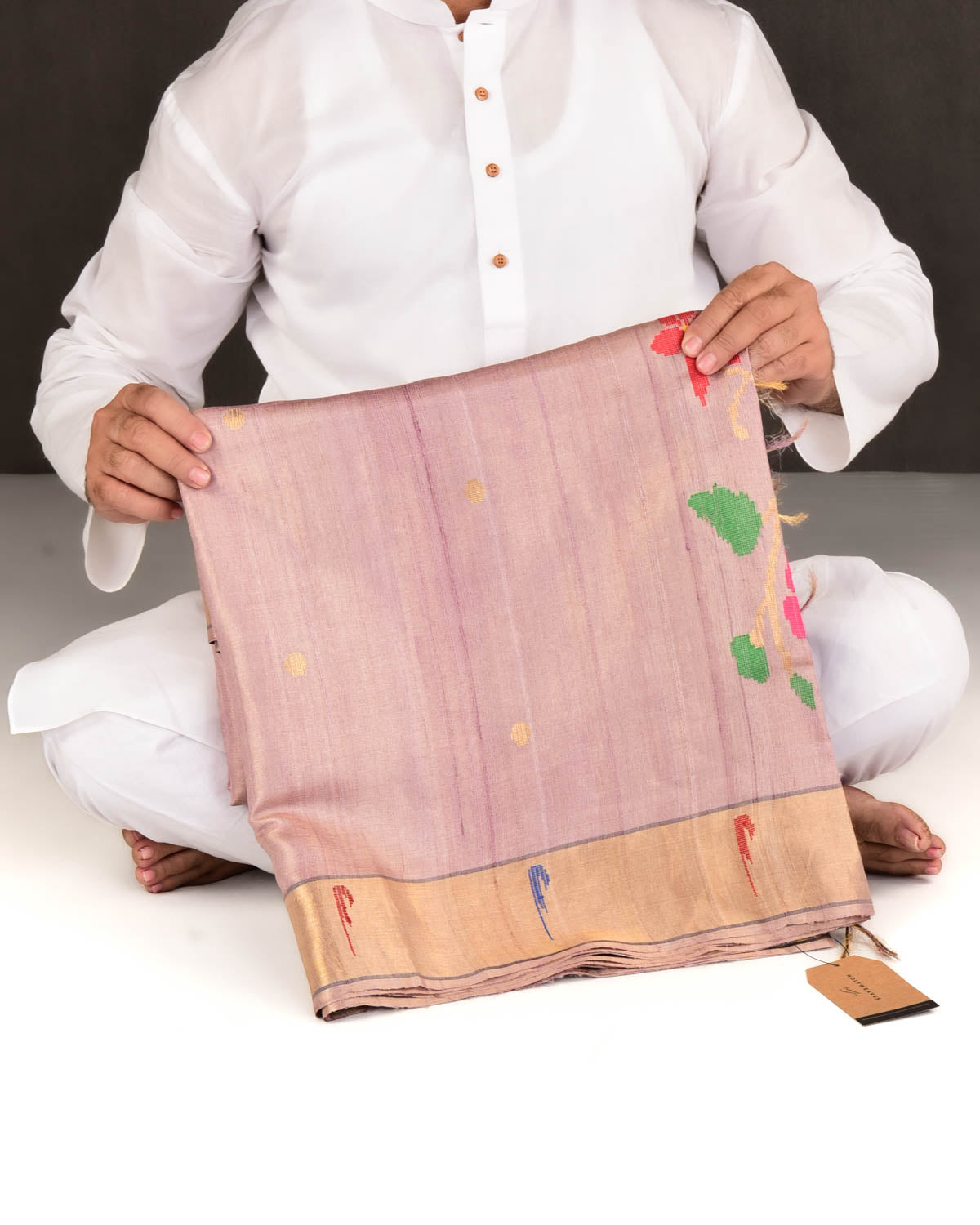 Mauve Banarasi Kadhuan Brocade Handwoven Tasar Tissue Saree with Multi-Color Floral Pallu-HolyWeaves